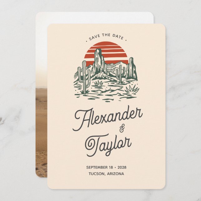 Save The Date Bold Retro Vibes Saguaro Mariage du désert du pays (Devant / Derrière)