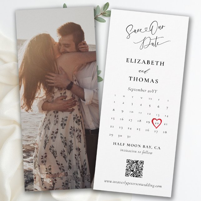 Save The Date Bookmark Calendar Heart Modern Calligraphy Wedding (bookmark wedding save the date card photo qr code calendar red heart modern elegant calligraphy)