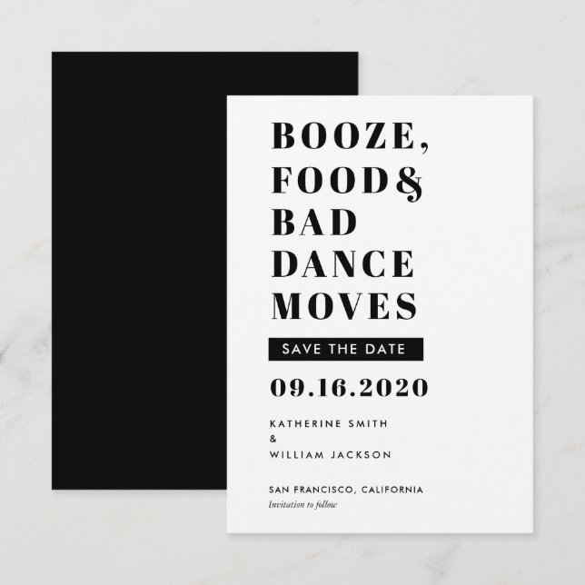Save The Date Booze Food Mauvaise Danse Déplace Chic Enregistrer (Devant / Derrière)
