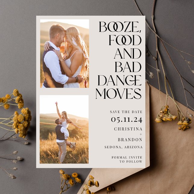 Save The Date Booze Nourriture Mauvaise Danse Déménager Photo Mo (Booze Food Bad Dance Moves Photo Modern Save The Date)
