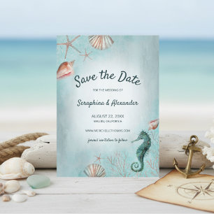 Save The Date Bord de mer Beach Blue Watercolor Coquillages Co