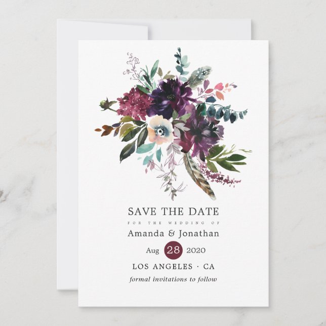 Save The Date Bordo Violet Plum Aquarelle Mariage Floral (Devant)