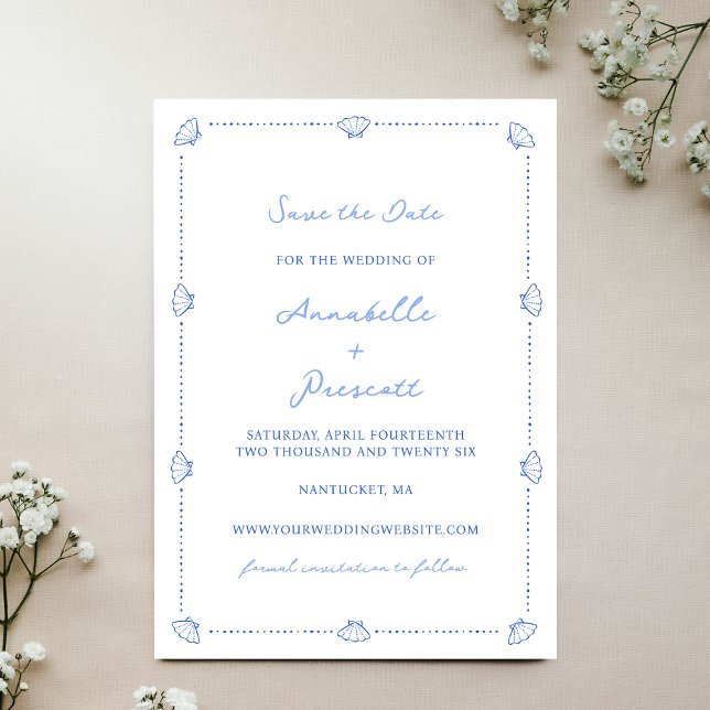 Save The Date Bordure Coastal Chic Shell Pas de photo Mariage Bl (Customize this elegant save the date with your details—ideal for beachfront, and coastal weddings.)