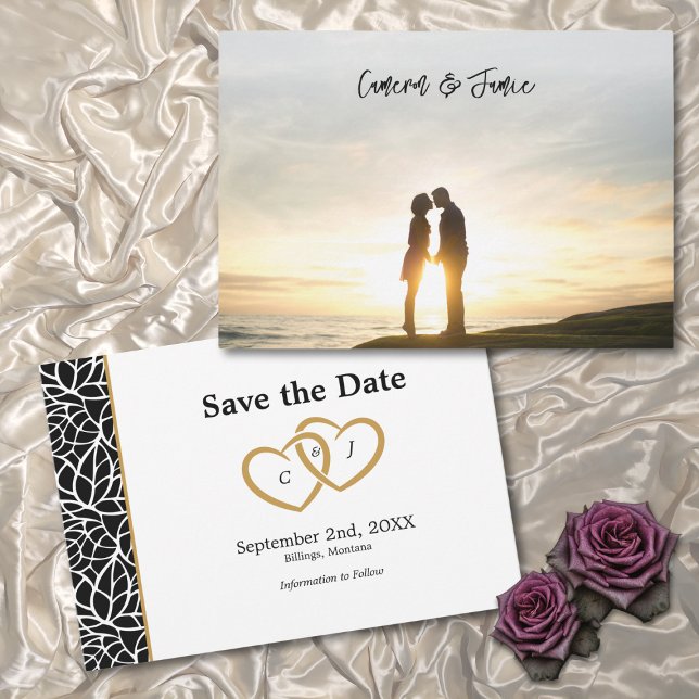 Save The Date Bordure d'accentuation des Feuilles blancs noirs (Black White Leaves Outline Accent Border Save The Date)