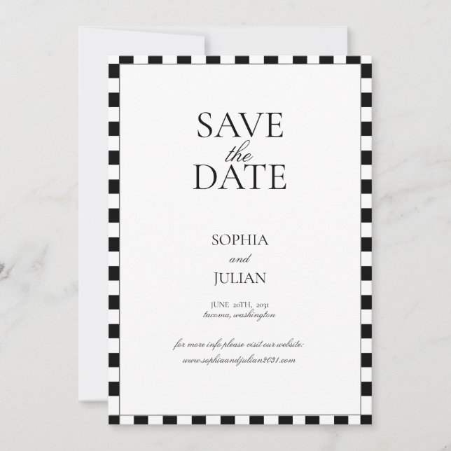 Save The Date Bordure damier noir et blanc moderne (Devant)