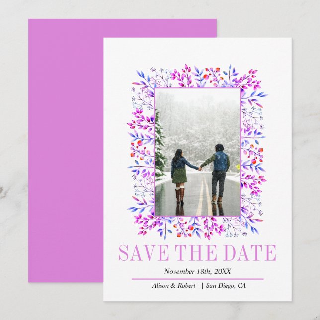 Save The Date Bordure de feuilles et de baies mariage pourpre (Devant / Derrière)