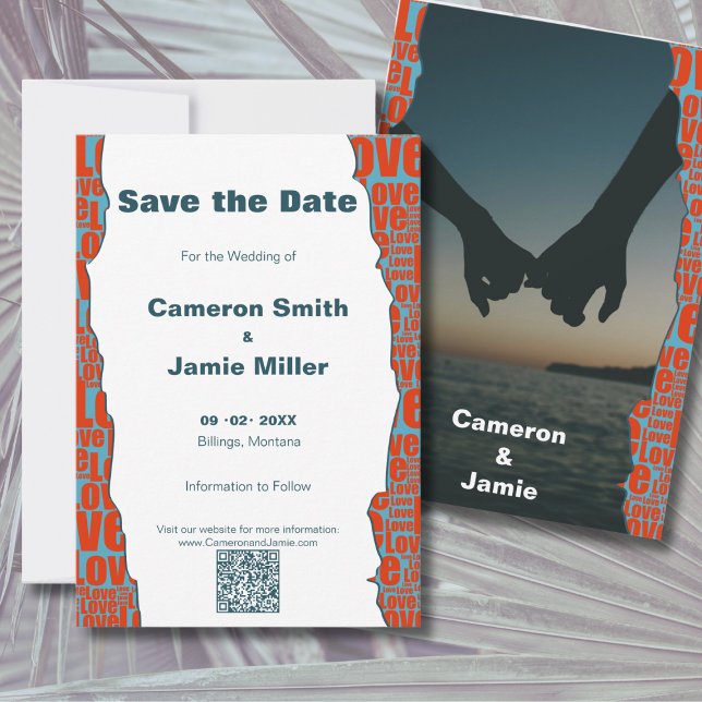 Save The Date Bordure de typographie d'amour bleu rouge (Red Blue Love Typography Border Save The Date)