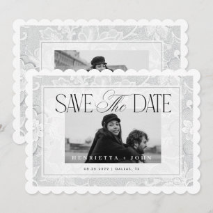 Save The Date Bordure Dentelée 2 Photo Blanc Vintage Mariage Den