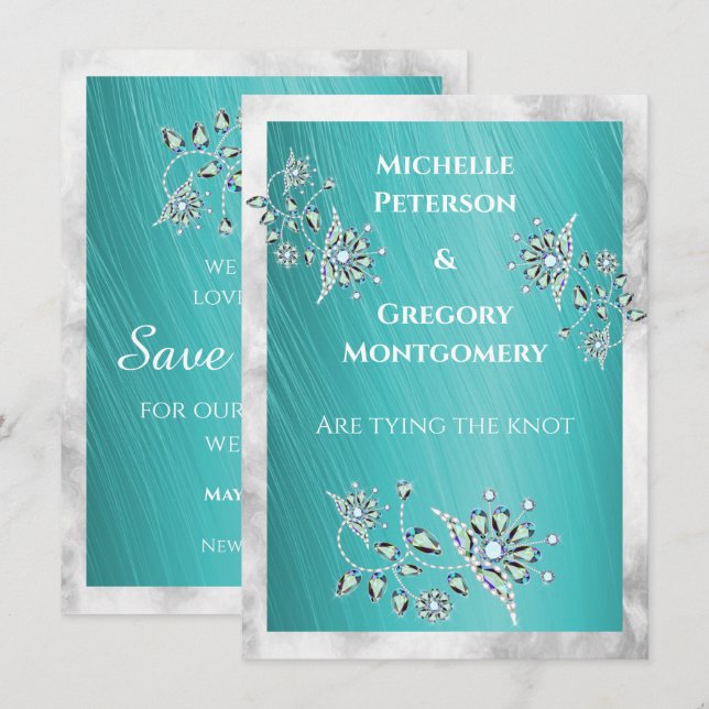 Save The Date Bordure en marbre turquoise en strass (Devant / Derrière)