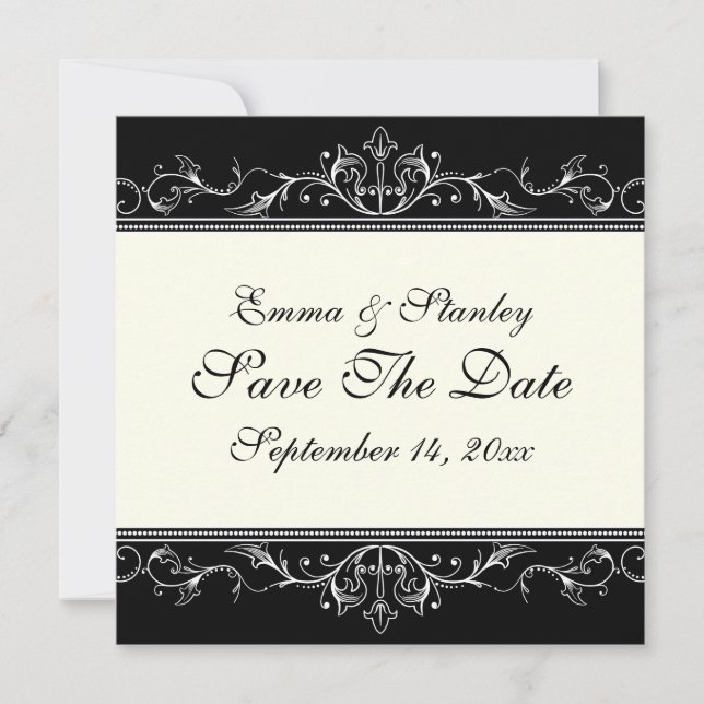 Save The Date Bordure ornementale noir blanc Enregistrer la date (Devant)
