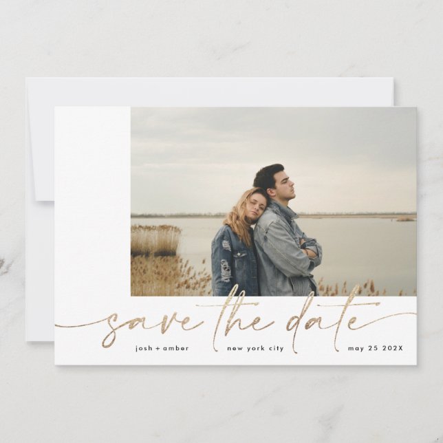 Save The Date Borné | Moderne Simple Photo Blanc Gold Foil (Devant)