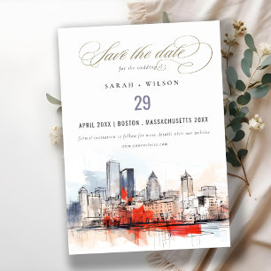 Save The Date Boston Massachusetts City Scape Mariage d'aquarell
