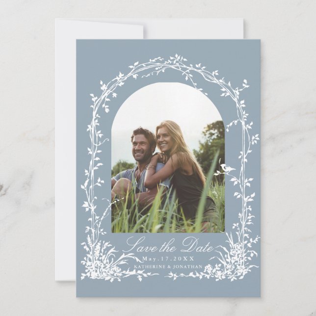 Save The Date Botanical Arch Garden Dusty Blue Wedding Photo (Devant)