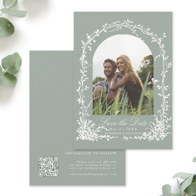 Save The Date Botanical Arch Garden Sage Green Wedding Photo  (Front & Back)
