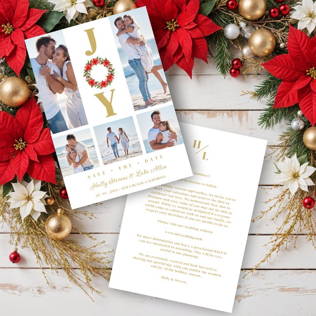 Save The Date Botanical Christmas Wreath Initials 5 Photos (Botanical Christmas Wreath Initials Original Collage Wedding 5 Photos Holidays Cards.)