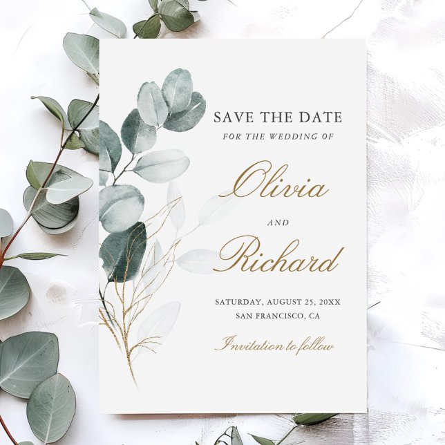 Save The Date Botanical Gold Greenery Eucalyptus Wedding (Créateur téléchargé)