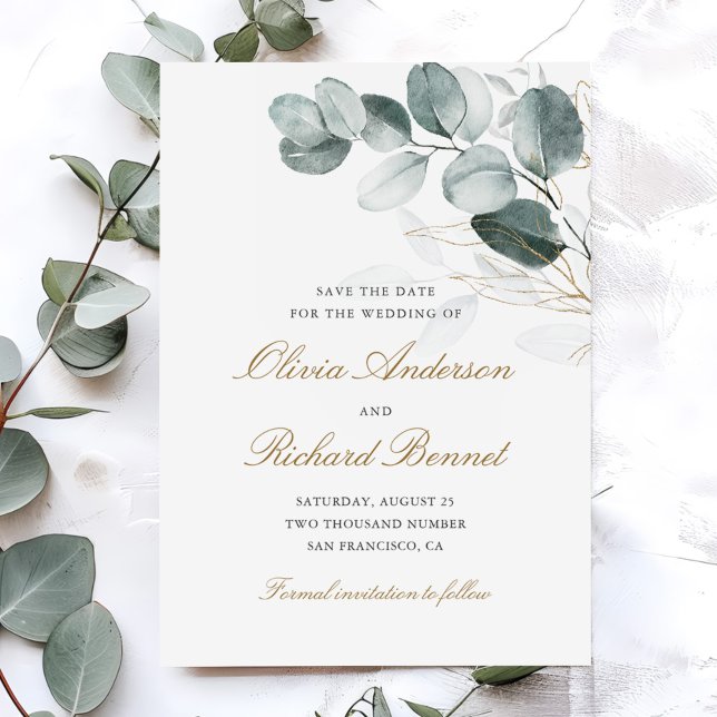 Save The Date Botanical Gold Greenery Eucalyptus Wedding (Créateur téléchargé)