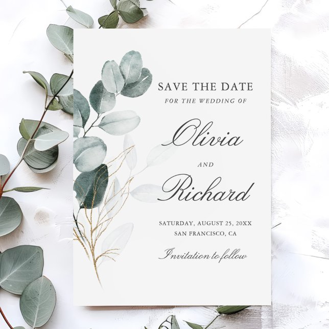 Save The Date Botanical Gold Greenery Eucalyptus Wedding (Créateur téléchargé)