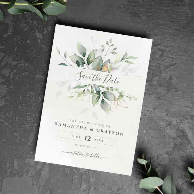 Save The Date Botanical Gold Greenery Eucalyptus Wedding (Créateur téléchargé)