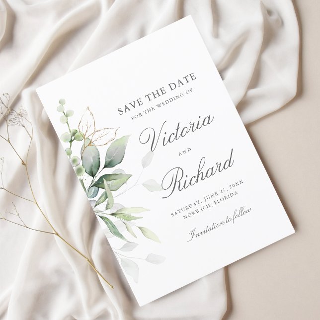 Save The Date Botanical Gold Greenery Eucalyptus Wedding (Créateur téléchargé)