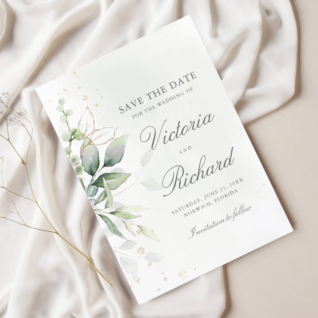 Save The Date Botanical Gold Greenery Eucalyptus Wedding (Créateur téléchargé)
