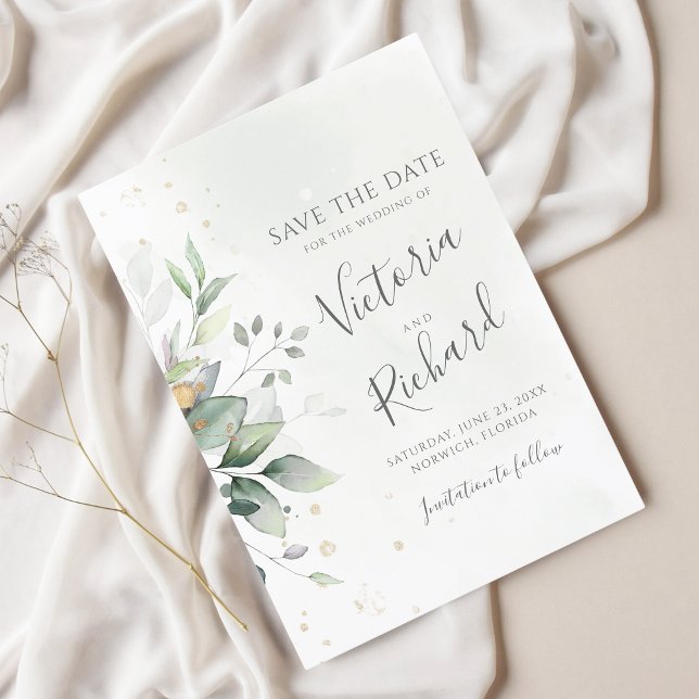 Save The Date Botanical Gold Greenery Eucalyptus Wedding (Créateur téléchargé)