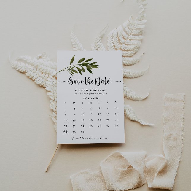 Save The Date Botanical Green Feuilles Enregistrer le calendrier (Créateur téléchargé)