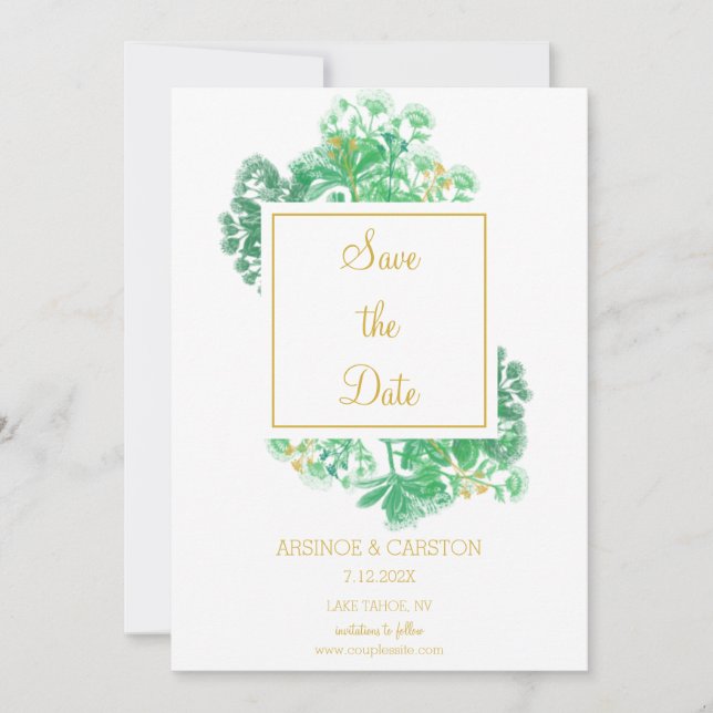 Save The Date Botanical Greenery Gold Accents Mariage (Devant)