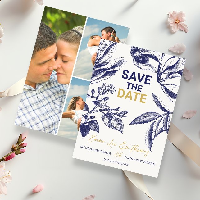Save The Date Botanique Bleu et Or 3 Photo Mariage (Créateur téléchargé)