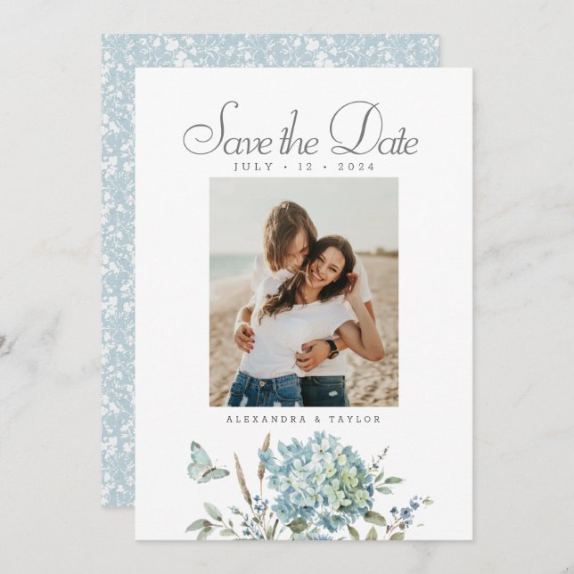 Save The Date Botanique Bohème Bleu Aquarelle Mariage Photo (Devant / Derrière)
