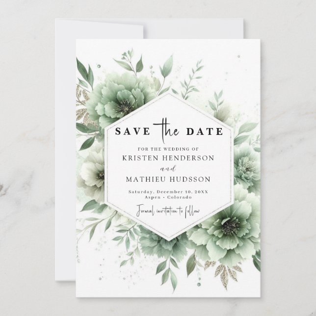 Save The Date Botanique Chic Unique Sage Vert Mariage (Devant)