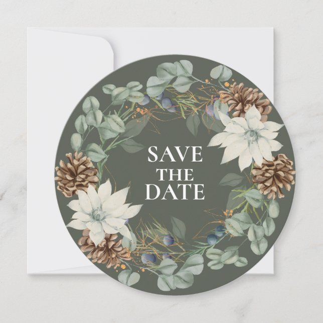 Save The Date Botanique de Pinecone rustique sur vert ENREGISTRE (Devant)