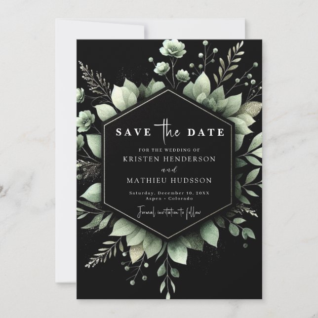 Save The Date Botanique Élégant Romance Sage Vert Mariage (Devant)