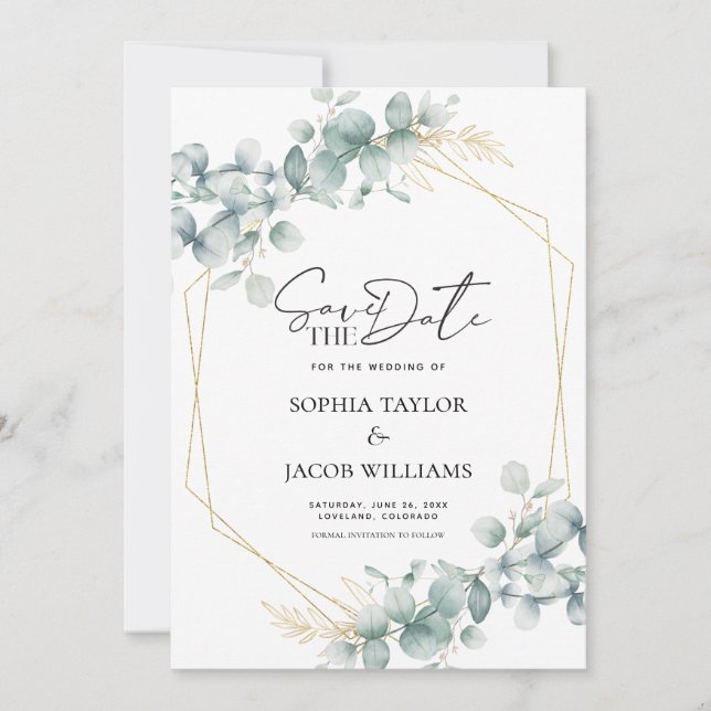 Save The Date Botanique Gold Eucalyptus Mariage de verdure (Devant)