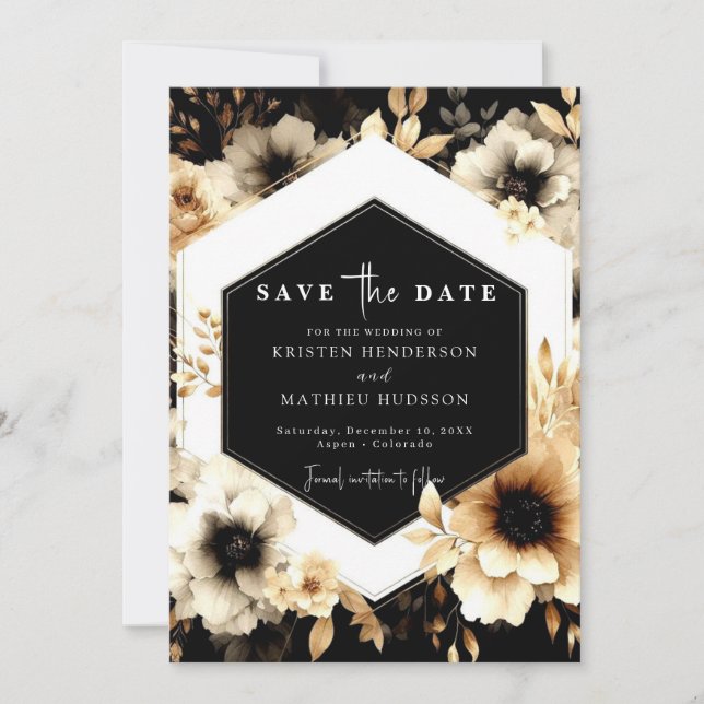 Save The Date Botanique Romantique Or et Mariage noir (Devant)