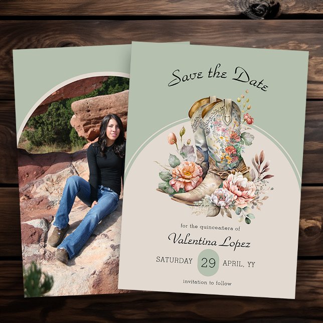 Save The Date Bottes rustiques Boho Western Photo florale (Photo Save the Date from my Boho Floral Cowgirl Boots Quinceanera Collection)