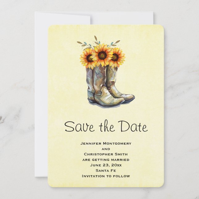 Save The Date Bottes rustiques de cowboy avec tournesol Enregist (Devant)