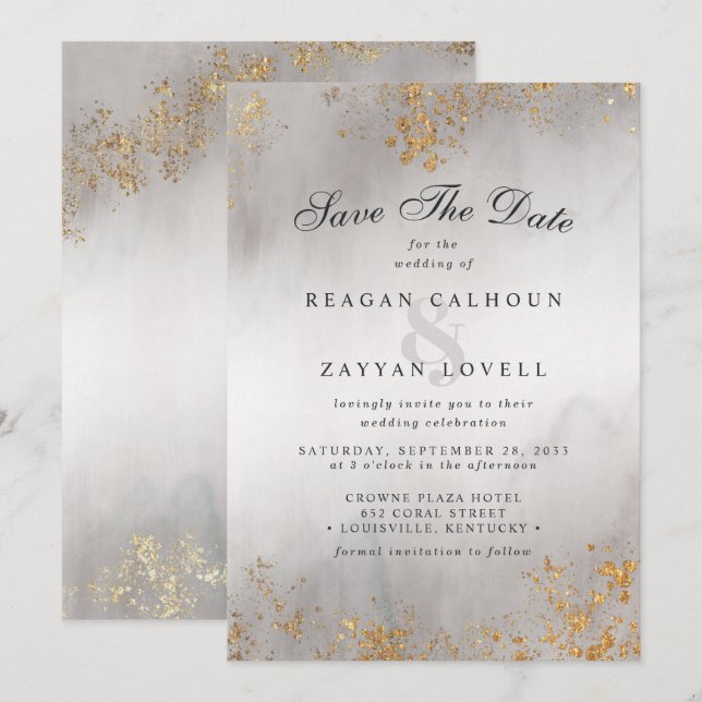 Save The Date Bouches D'Or Luxe Moderne Gris Mist Enregistrer La (Devant / Derrière)