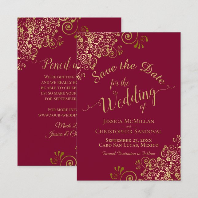 Save The Date Boucles dorées élégantes sur mariage bordeaux marr (Devant / Derrière)