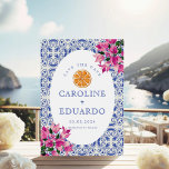 Save The Date Bougainvillea Mariage en carreaux bleus QR Code<br><div class="desc">Aquarelle Orange Citré Italien Bleu Carrelage Méditerranée</div>