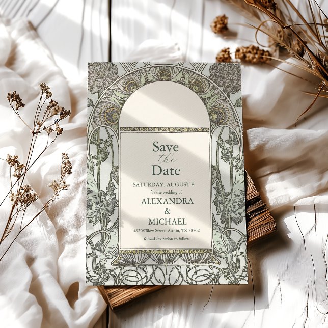 Save The Date Bougainvillea Vert Art Nouveau Mucha Mariage (Créateur téléchargé)