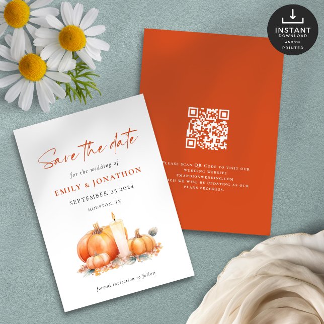 Save The Date Bougie Citrouille Orange en terre cuite Mariage de (Front and back view)