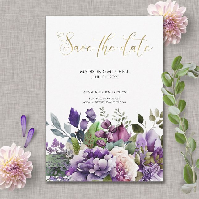 Save The Date Bouquet aquarelle Violet pourpre écriture dorée  (Créateur téléchargé)