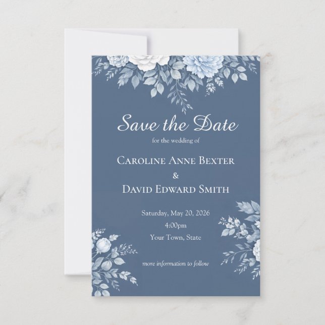 Save The Date Bouquet Bleu Classique sur Fond Bleu Poudré Léger (Devant)