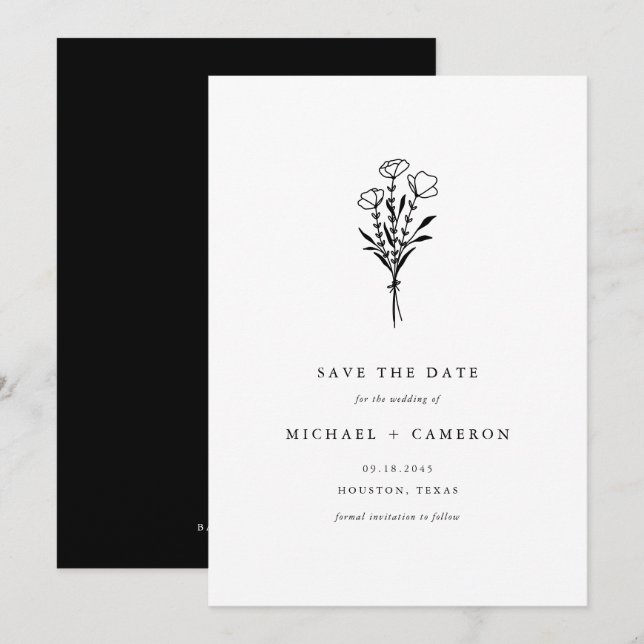 Save The Date Bouquet boho noir minimaliste botanique (Devant / Derrière)