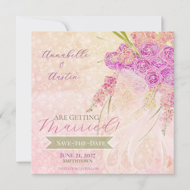 Save The Date Bouquet Bright Rose coucher de soleil avec noeud e (Devant)