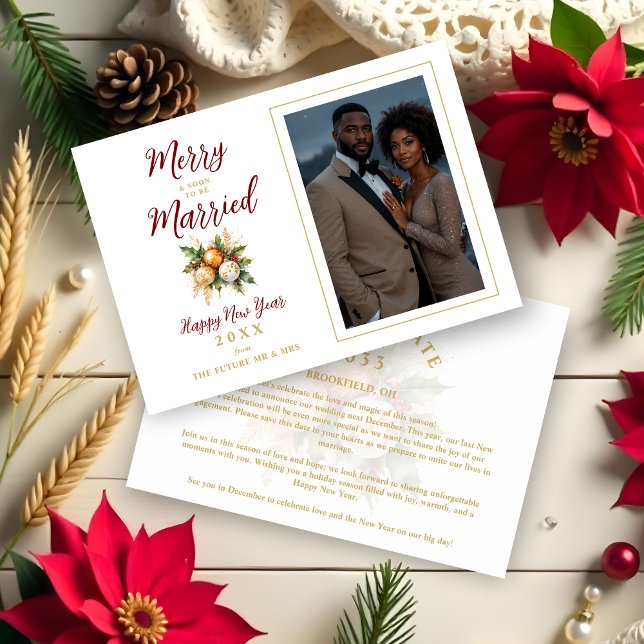 Save The Date Bouquet de boules de Noël romantique Mariage Photo (Romantic Christmas Balls Bouquet Wedding Photo Save the Date Cards as Holiday Cards.)