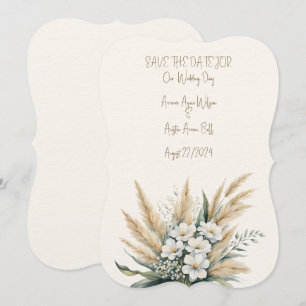 Save The Date Bouquet de mariage aux fleurs blanches et herbe de
