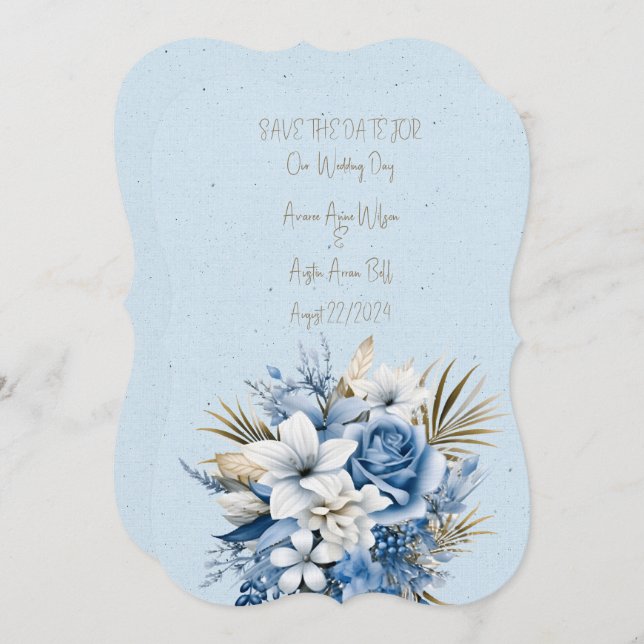 Save The Date Bouquet de Mariage bleu blanc et Brown (Devant / Derrière)