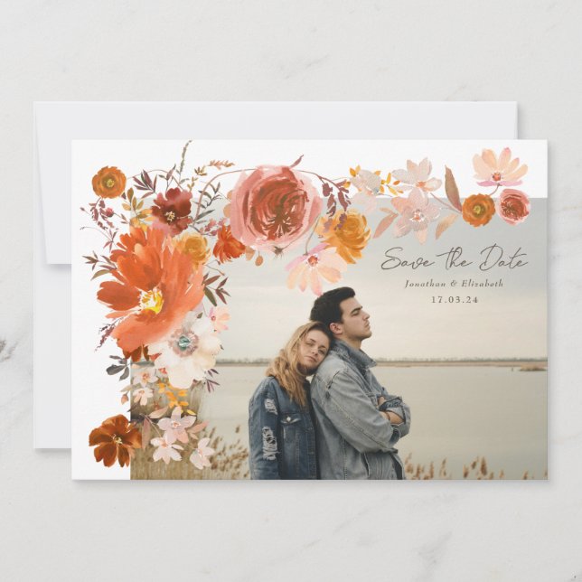 Save The Date Bouquet de Mariage de cadre Floral Orange Blanc (Devant)